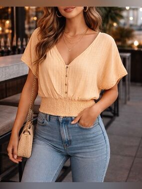 JAPNA Yellow Button Front Ruched Women’s Blouse Shirt Sz L EUC